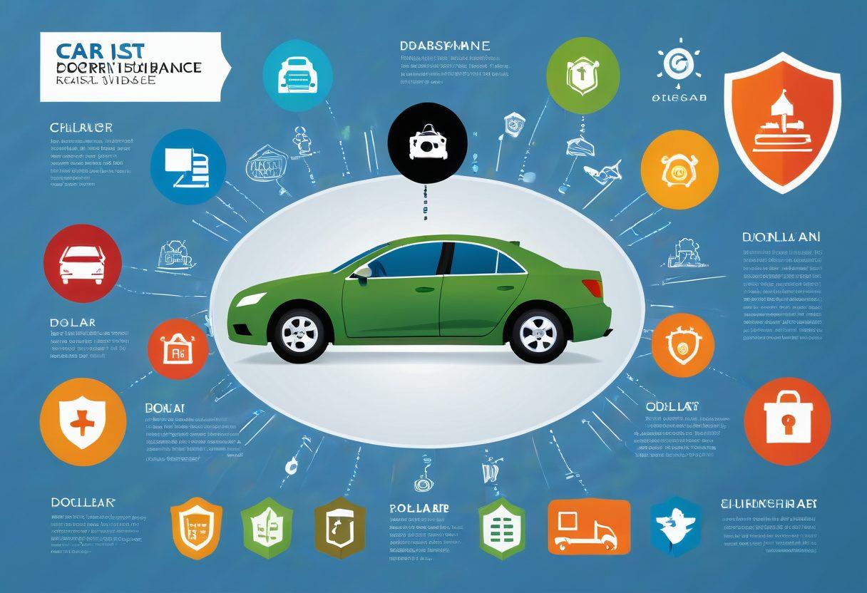 A detailed infographic featuring a variety of car insurance symbols and icons, showcasing affordable plans like a shield protecting a car, a checklist of benefits, and a dollar sign representing savings. The background should be bright and inviting, with elements of road maps and vehicles subtly included to create context. The overall vibe should be modern and informative. flat design. vibrant colors. white background.