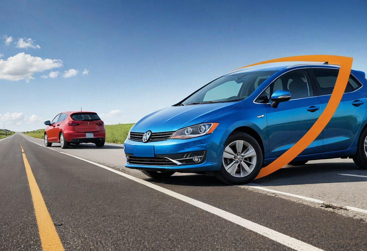 A split image showcasing two contrasting car insurance scenarios: on one side, a shiny, fully protected car surrounded by a shield, with icons symbolizing full coverage (like repairs, accidents, and theft) glowing gently around it. On the other side, a vulnerable car with cracks and damage, representing auto liability insurance, highlighted with caution signs and minimal protection elements. The background features a road and a clear blue sky to signify safety and freedom. super-realistic. vibrant colors. 3D.