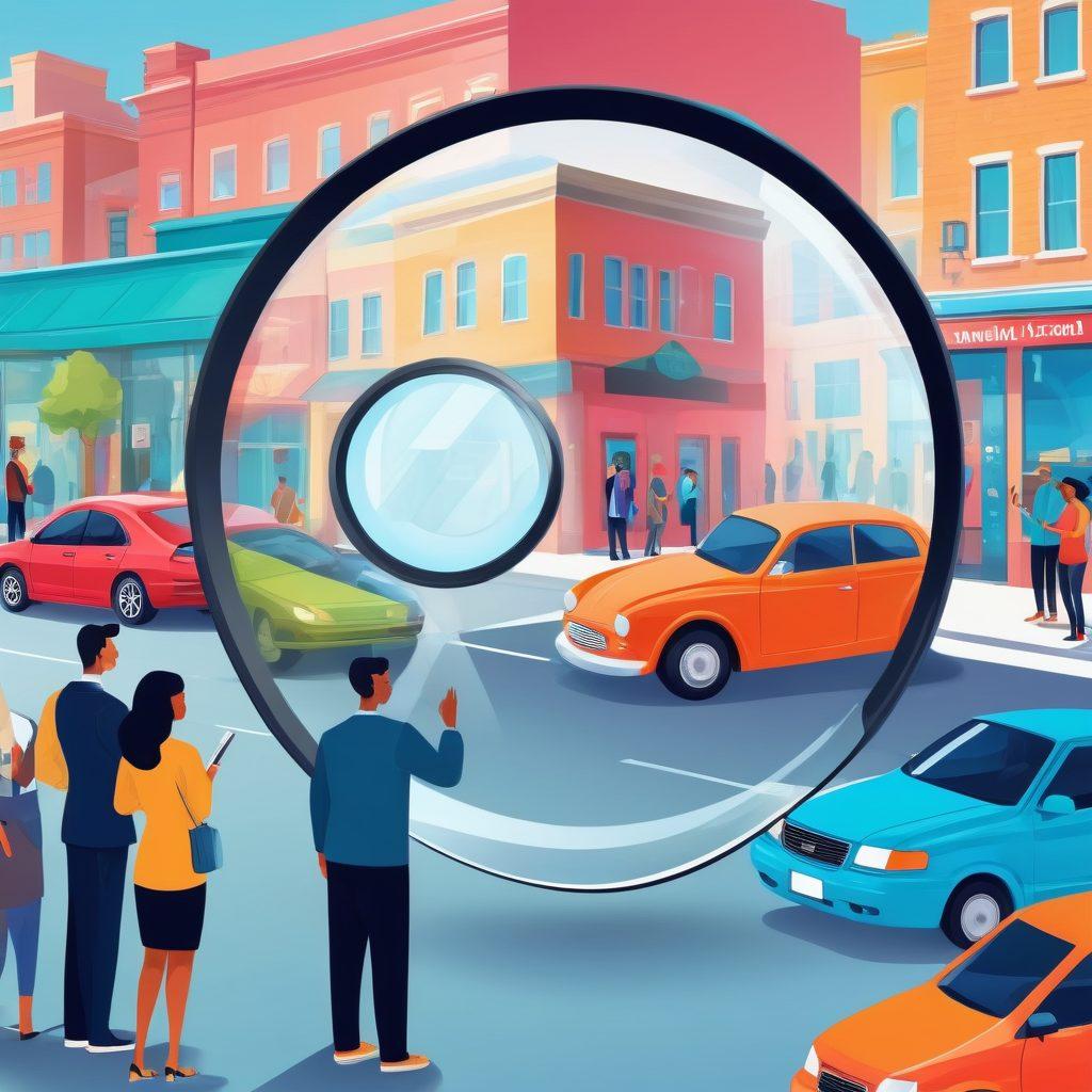 An illustrated guide featuring a diverse group of people comparing automobile insurance quotes on digital devices. Include a large magnifying glass highlighting key details like price, coverage, and customer ratings. The background should depict a bustling urban setting with cars and insurance storefronts. Use bright, engaging colors to draw attention and create a friendly atmosphere. vector art. vibrant colors.